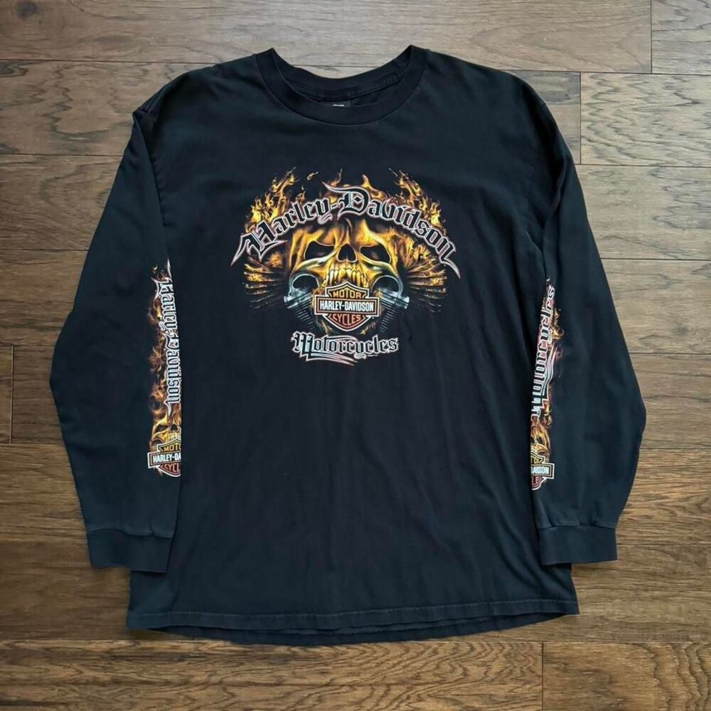 Vintage 2007 Harley Davidson Flame Skull Long-Sleeve Biker Tee 🏍️🔥